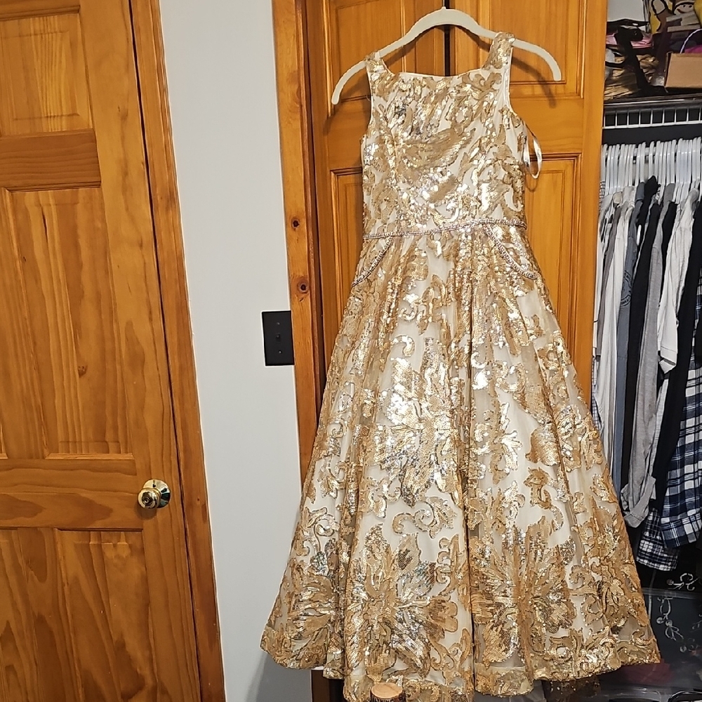 Tiffany Designs Gold Floral Kids Dress With Pockets